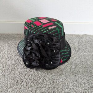 Giovanna Signature Green, Pink & Black with Large Studded Floral Church Hat